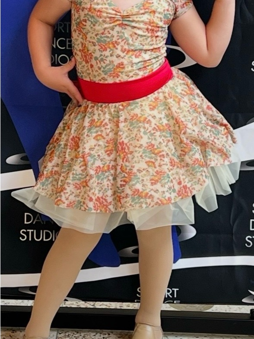 Girls Floral Tutu Skirt with Red Waistband and flower
